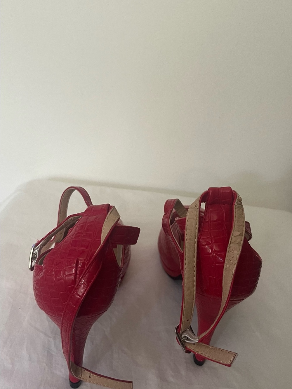 Red Faux-Croc Peep-Toe Ankle Strap Heels - Picture 5 of 6